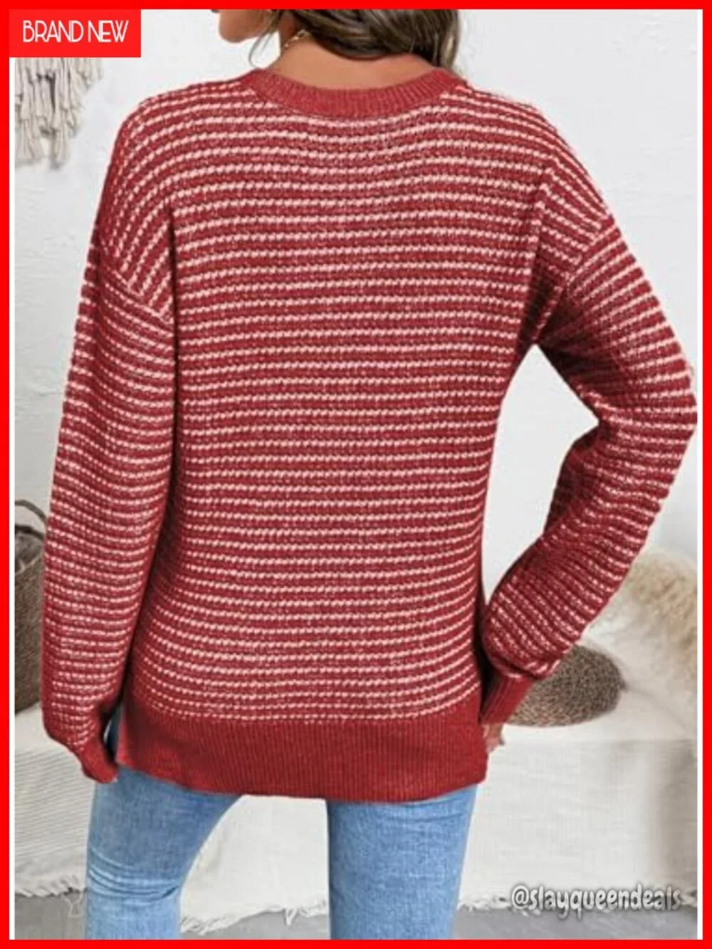 Women's Long Sleeve Crewneck Striped Side Split Pullover Sweater